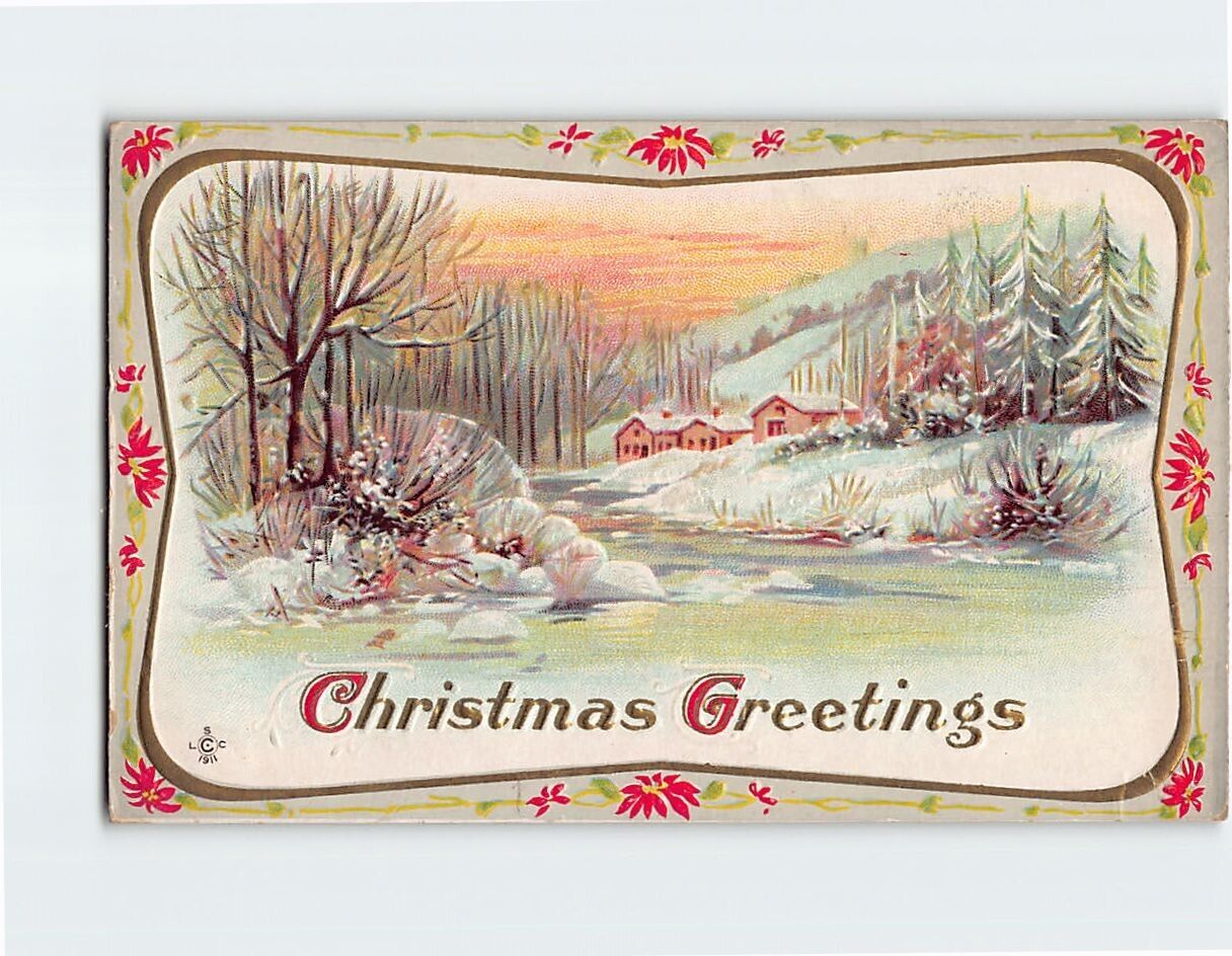 Postcard Embossed Winter Scene Christmas Greetings