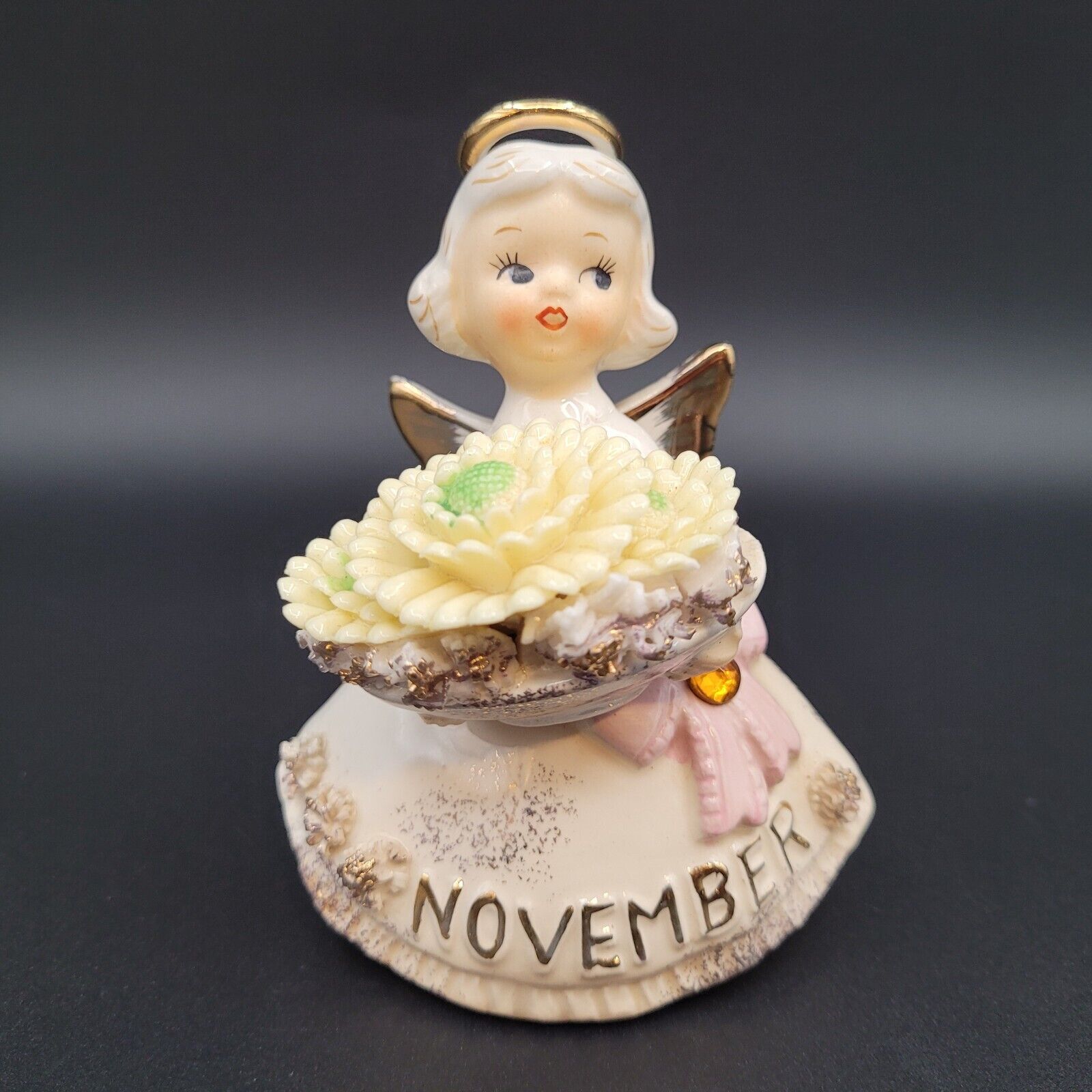 Lefton's Vintage Little Porcelain Birthday Angel November Mums Topaz 489 signed