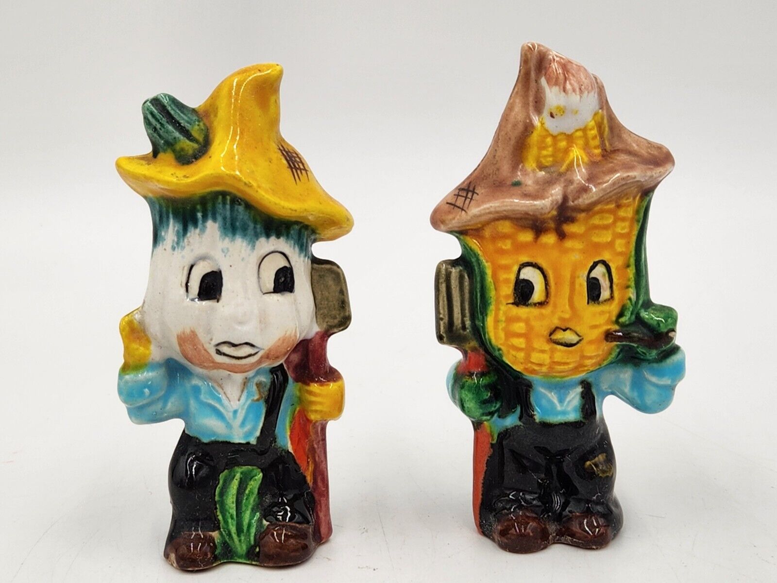 Vintage Anthropomorphic Corn on Cob and Squash in Overalls w/Shovel & Straw Hat