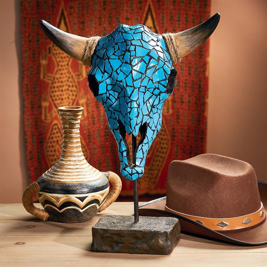 Turquoise Color Mosaic Western Cow Steer Skull Museum Mounted Trophy Sculpture