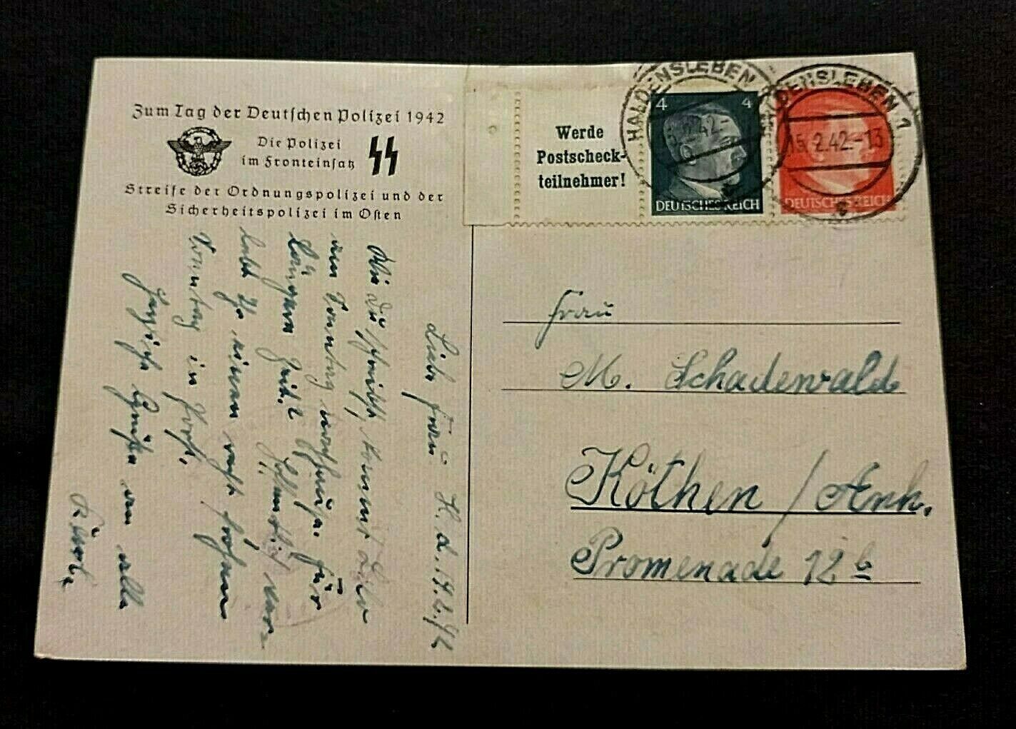 KAPPYSTAMPS 1942 SS BORDER POLICE POSTALLY USED POSTAL CARD HALDENSLEBEN CS1107