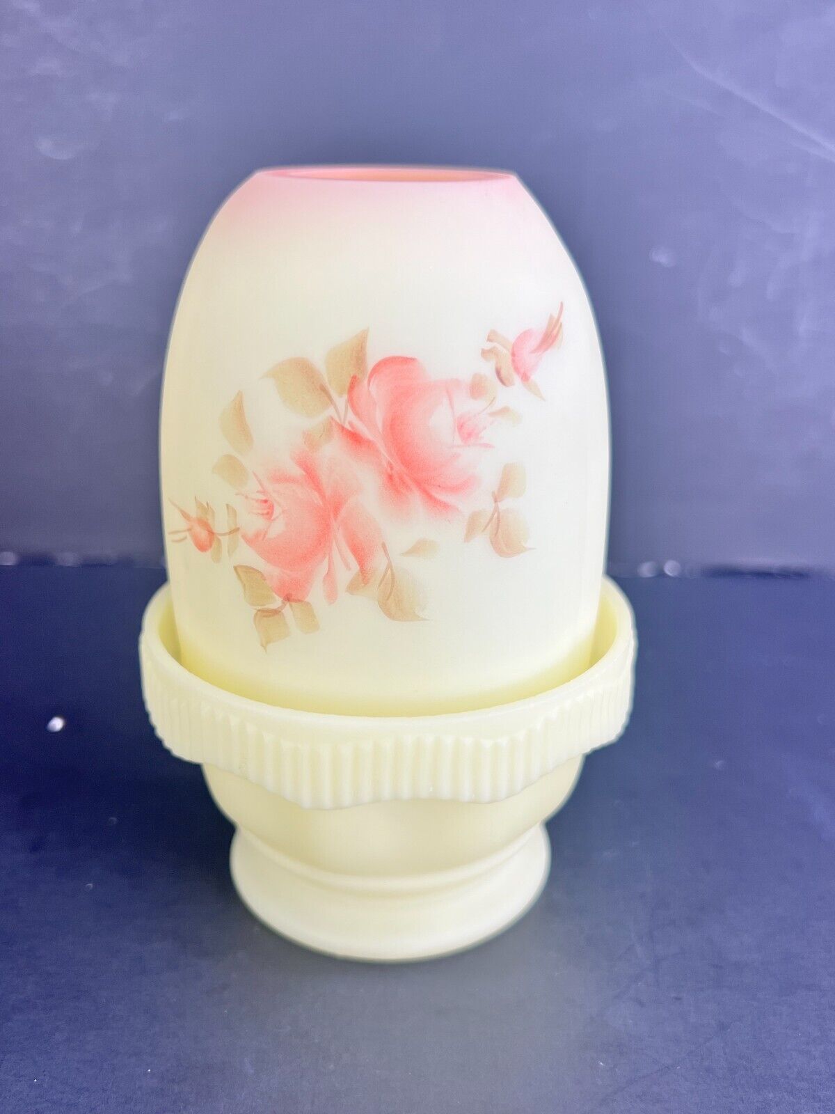 Fenton Burmese 2-Piece Fairy Lamp with Painted Roses by T. Berdine (Mendenhall)