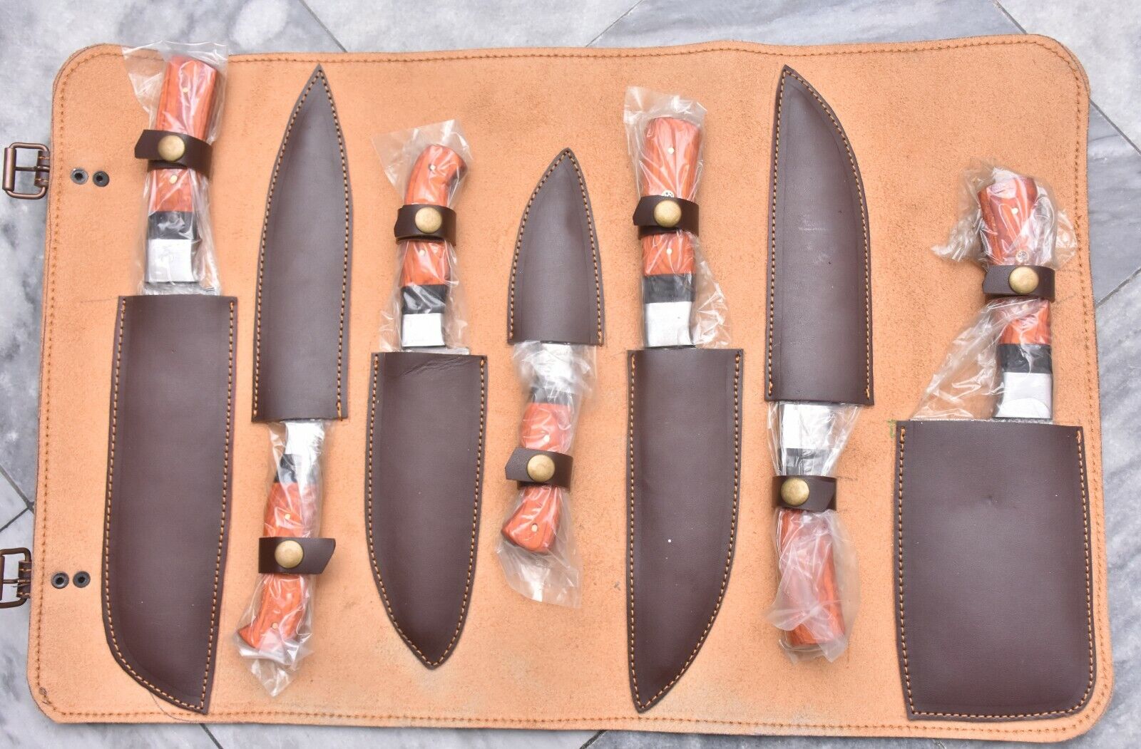 BEAUTIFUL HANDMADE DAMASCUS STEEL CHEF KNIFE SET OF 7 PIECES WITH GENUINE SHEATH