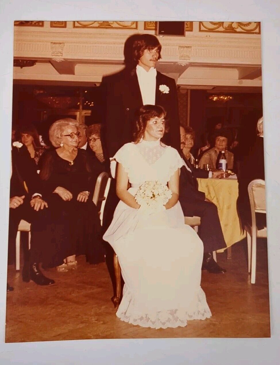 Vintage 1970s Found Photograph Original Photo Wedding Bride Groom Feathered Hair