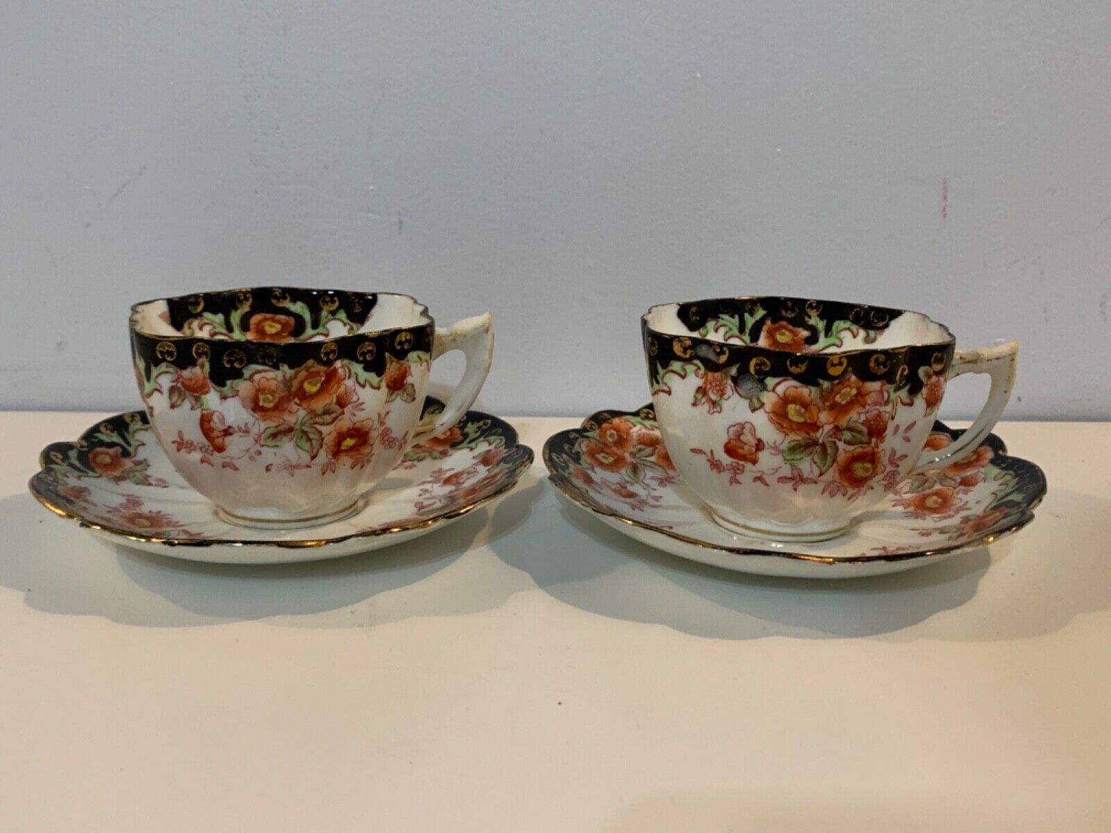 Antique Possibly Derby Pair of Porcelain Cups & Saucers with Painted Floral Dec