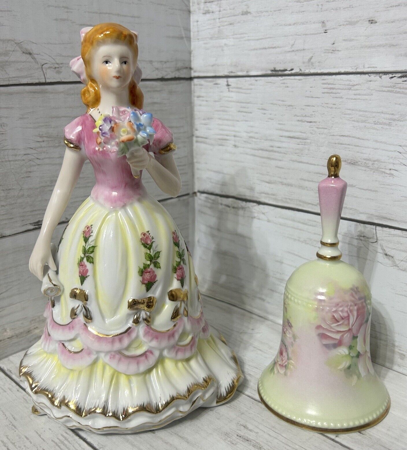 Limoges China Colonial/Southern Belle Figurine w/Flowers & Matching Bell EUC LN