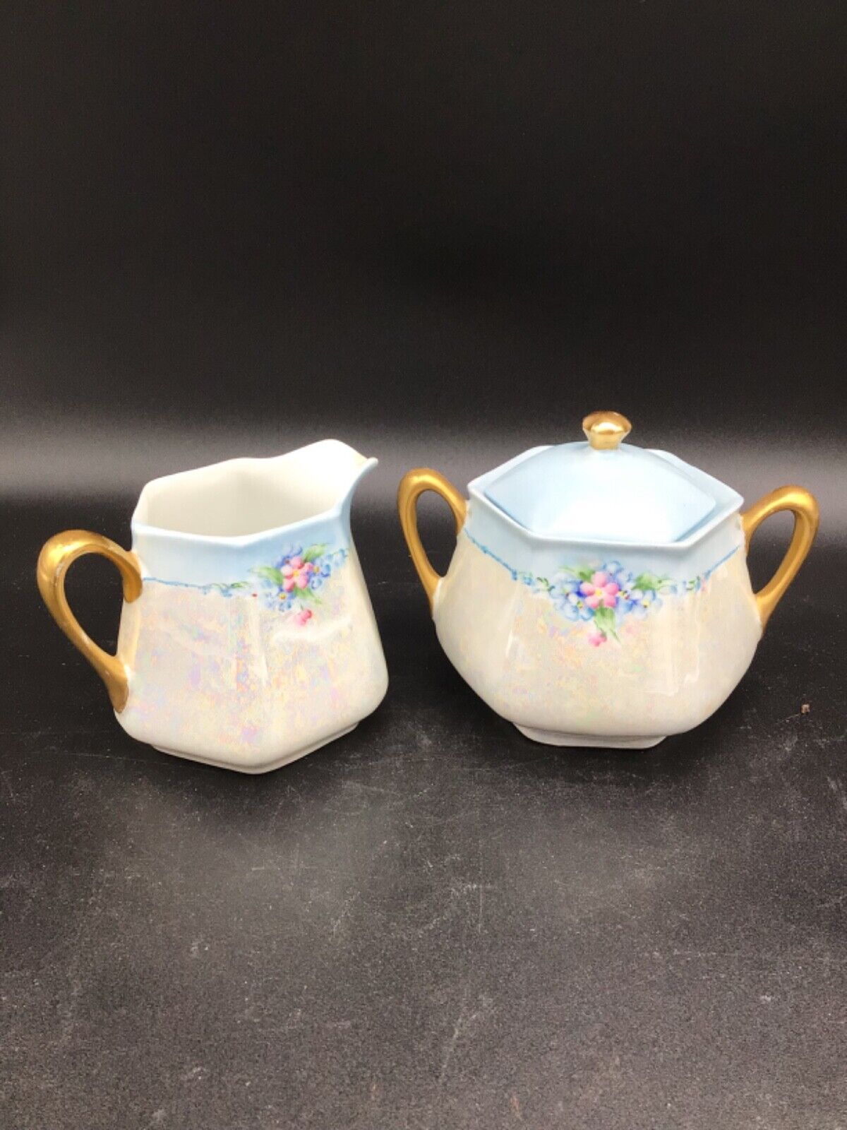 Antique German Porcelain Creamer and Sugar with Lid Iridescent Blue Pink Flowers