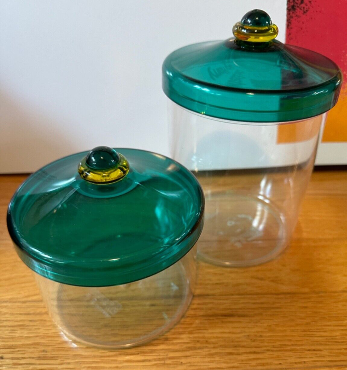 Set of 2 vintage GUZZINI containers, clear w/green/yellow lids~made in ITALY