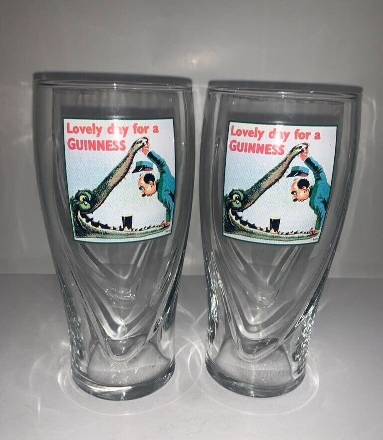 Guinness Glasses Set of 2 Gilroy Design Lovely Day For A Guinness Aligator RARE
