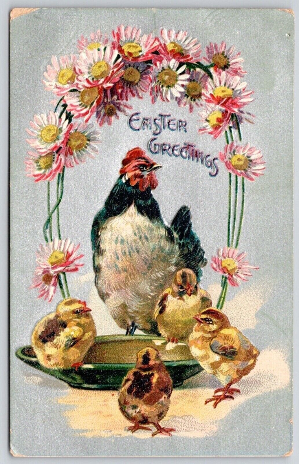 Postcard Easter Greetings Chicken Chicks Flowers DB Tucks PM Cancel Embellished