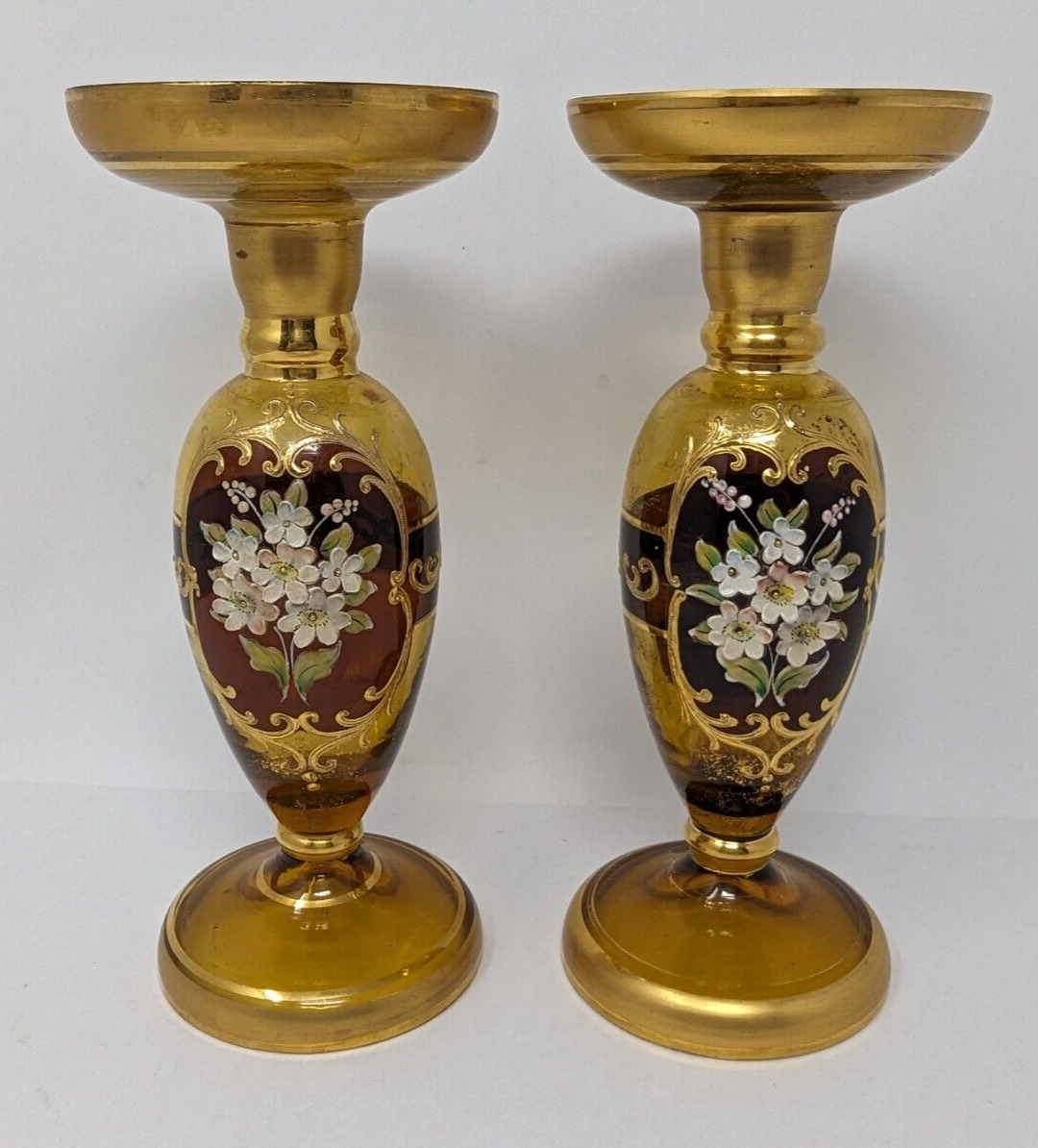 Antique Venetian Hand Blown Crystal 18K Gold Candle Holders Hand Painted