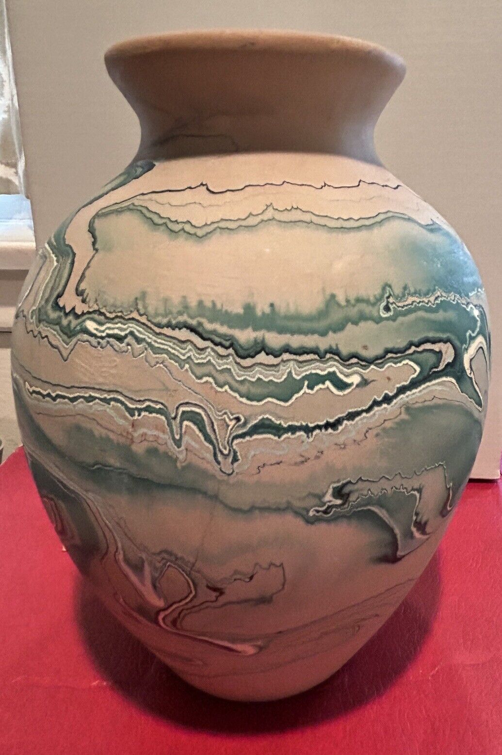 Nemadji Green  Swirl Art Pottery Vase EUC