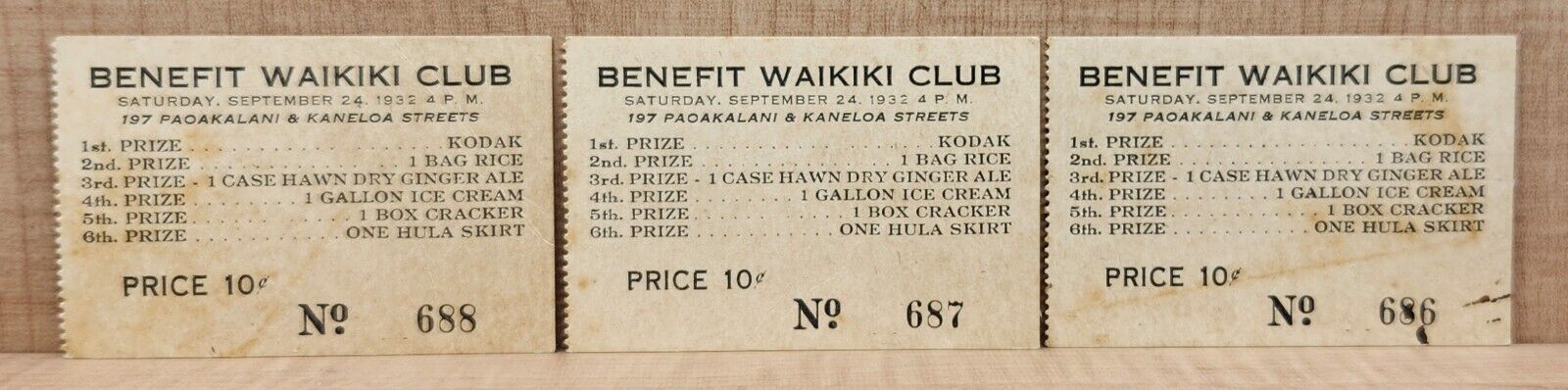 1932 Benefit Waikiki Club Vintage Raffle Ticket Lot (3) Honolulu Hawaii