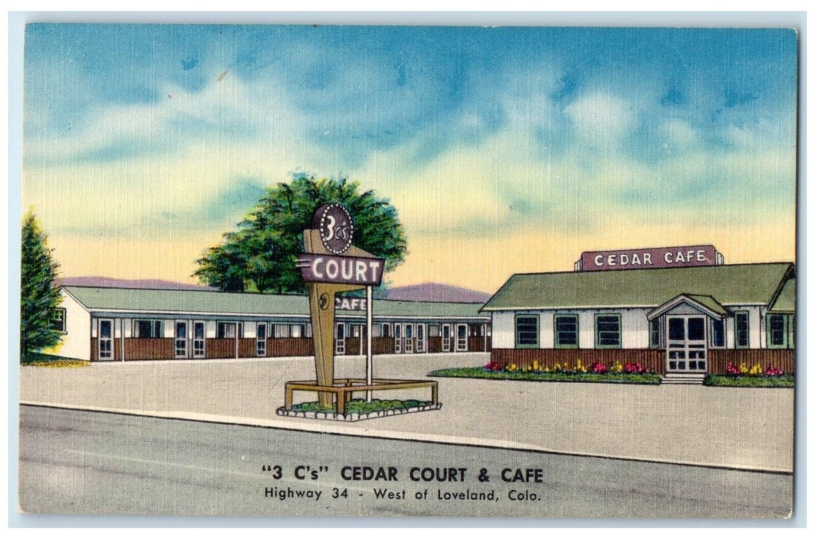 c1950's Cedar Court & Cafe Roadside Estes Park Colorado CO Vintage Postcard