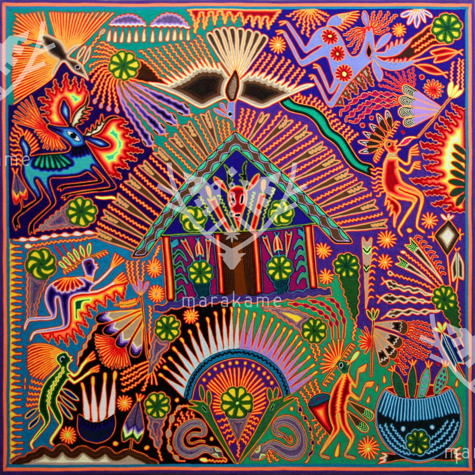 Nierika Yarn painting Huichol art - The night's noise 48 x 48 in. 120 x 120 cm.