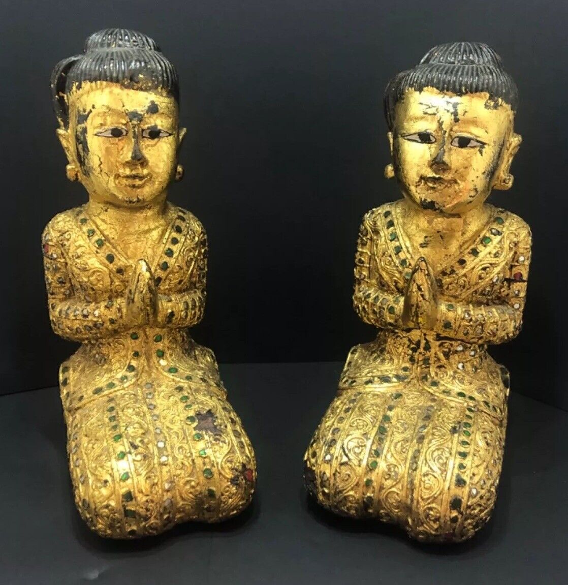 RARE Vintage Pair Temple Thai Siamese Prayer Statues, Gold Wood Hand-carved, 10”