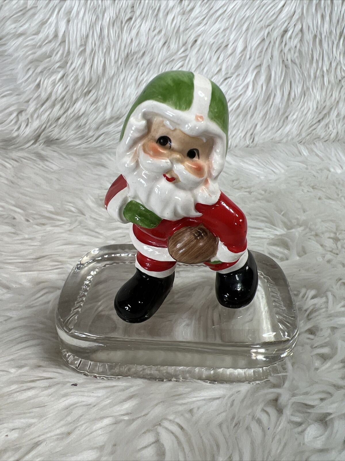 Vintage 3.5” Christmas Ceramic Santa Claus Figure Playing Football