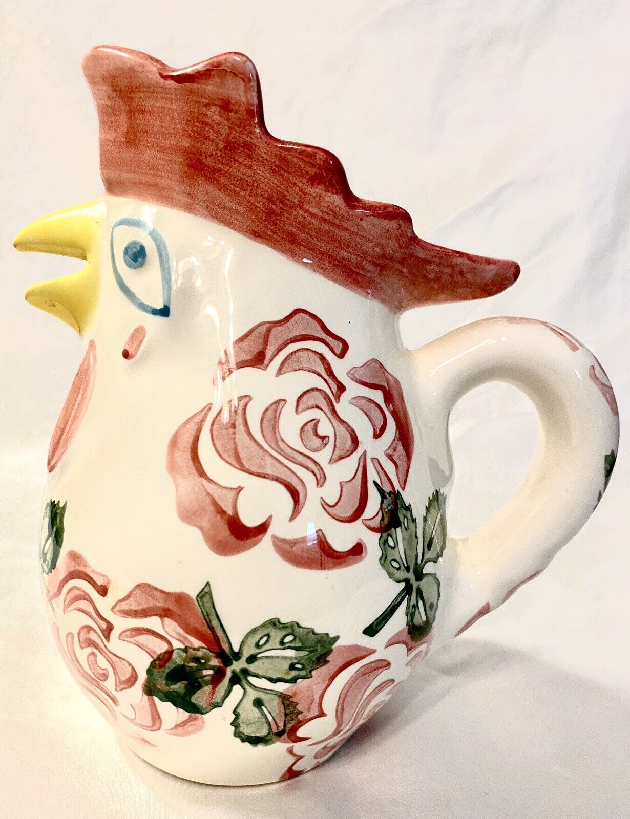 Deruta Style Italian Like Rooster Pitcher Haldon Creamer Floral Painted 6.5” VTG