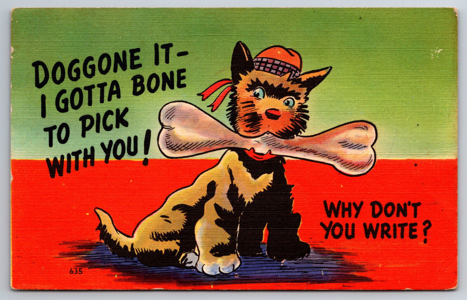 Vintage Postcard Humor Funny Cartoon Dog in Hat with Large Bone Linen ~9789