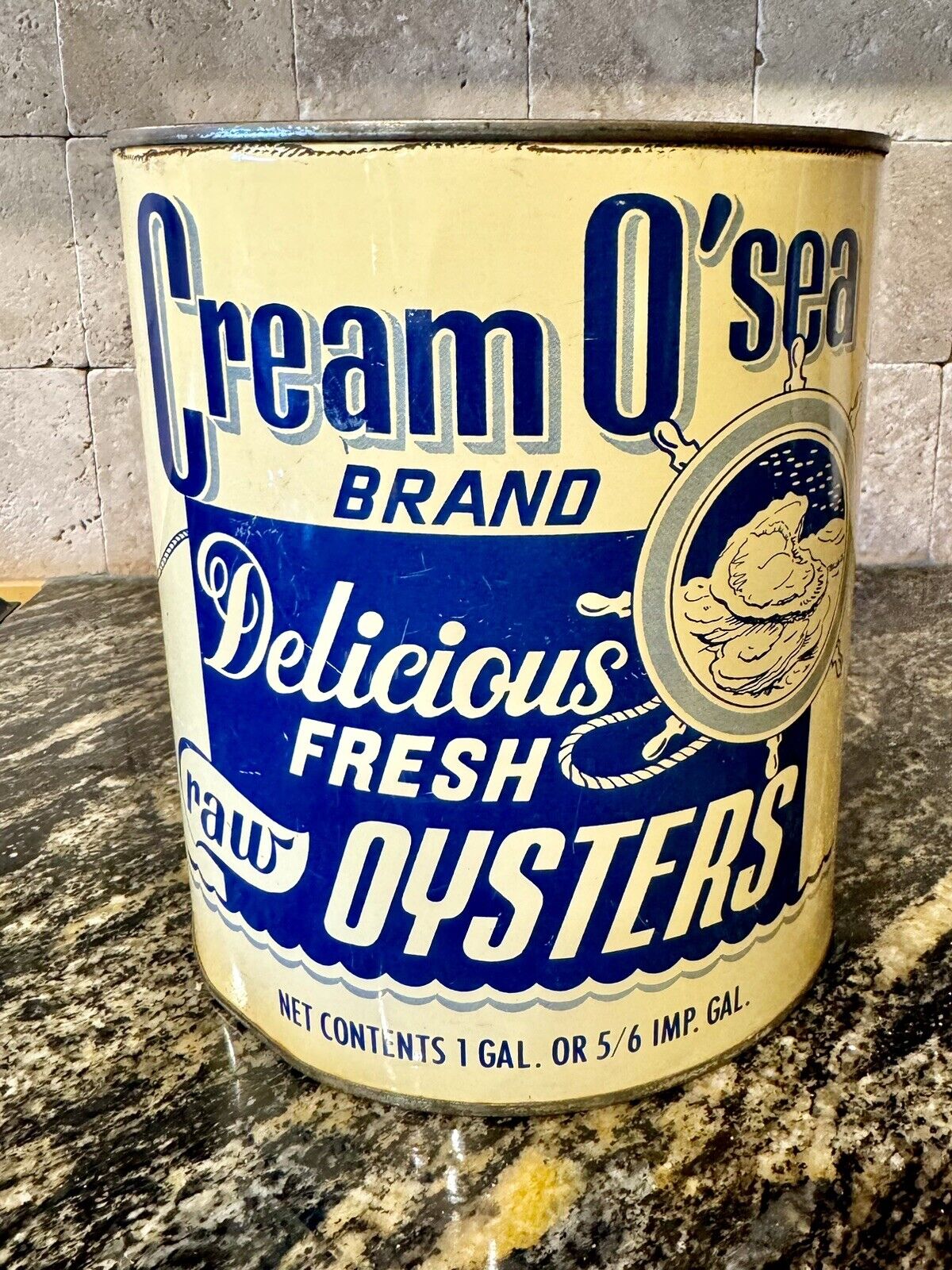 Vtg Cream O' Sea 1 One Gallon Oyster Tin Can R.F. Brown Lansing Michigan