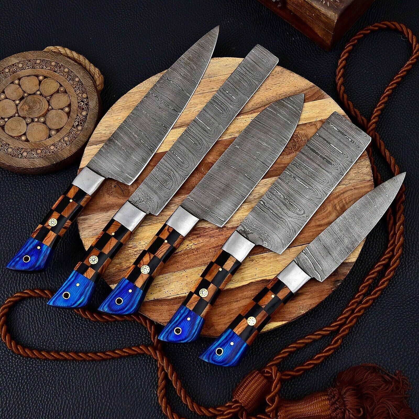 Custom Handmade Damascus Steel 5pcs kitchen Set With Mix and color Wood handle
