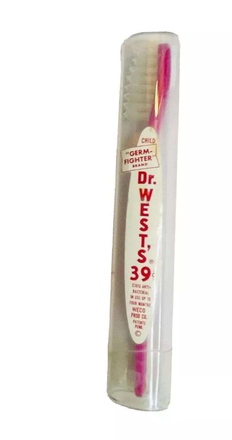 DR. WEST’S GERM FIGHTER TOOTHBRUSH 1940s RARE SEALED GLASS CHILD ANTIBACTERIAL
