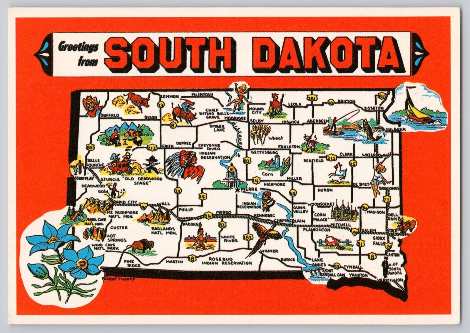 Greetings From South Dakota Map Postcard
