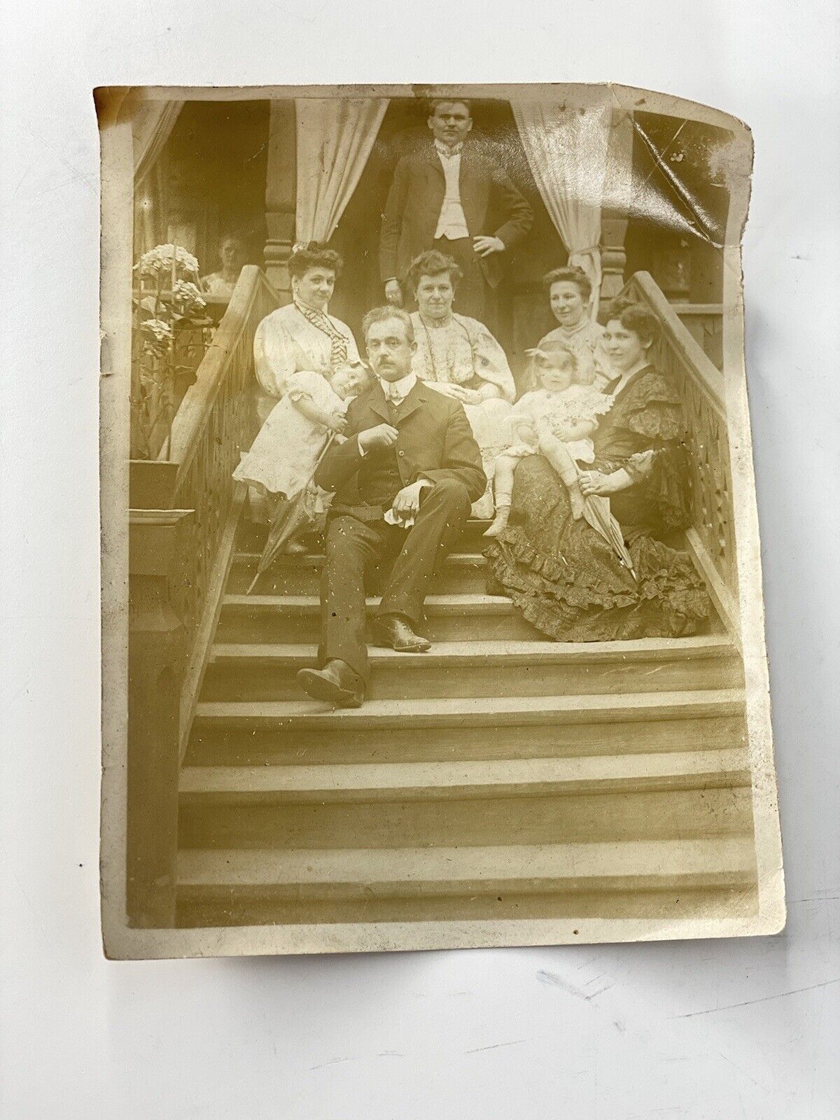Antique Family Old Photography On Front Porch W/ Maid Servant  4.5x3.5 RARE