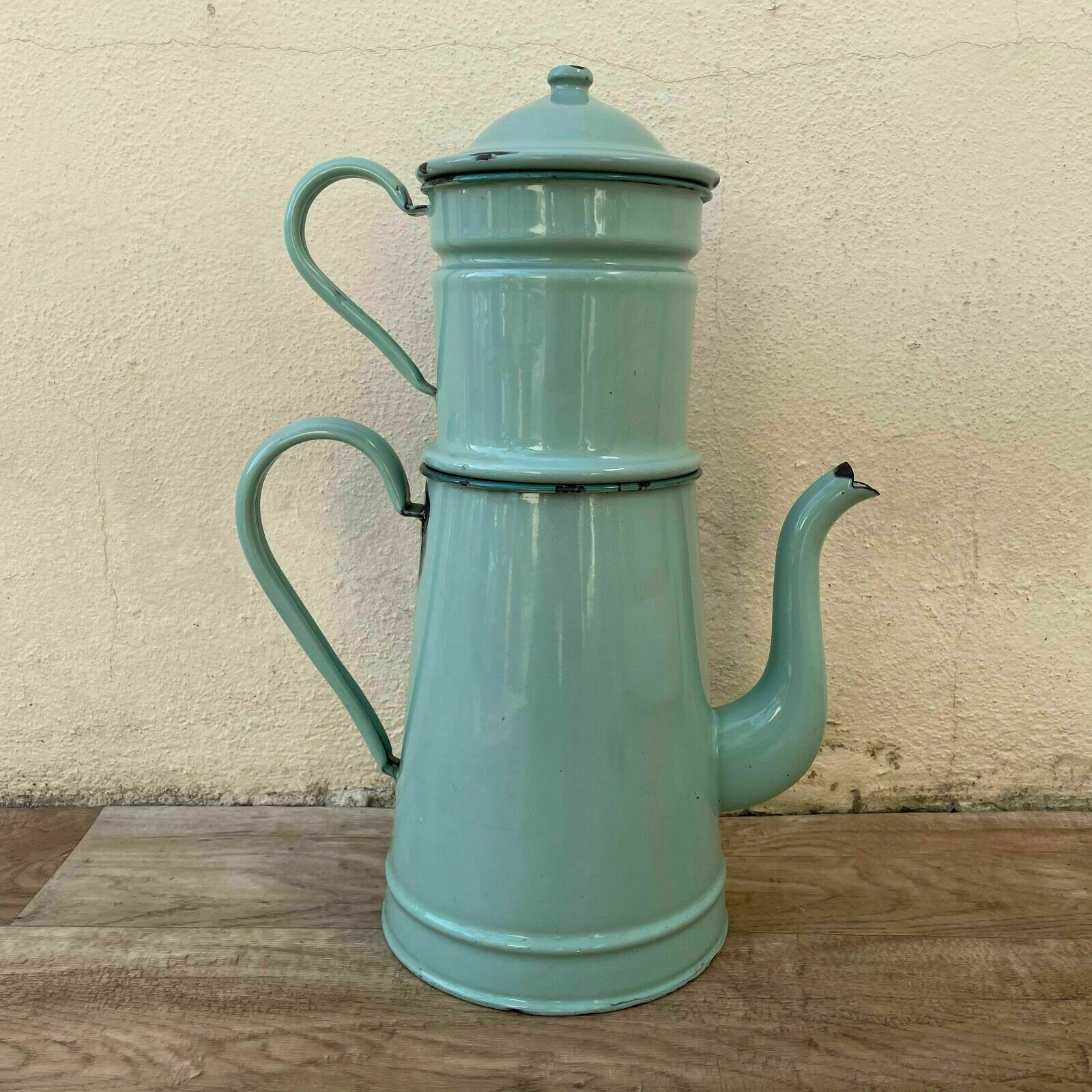 TALL Vintage French Enamelware Enameled green Enamel Coffee Pot 1804212
