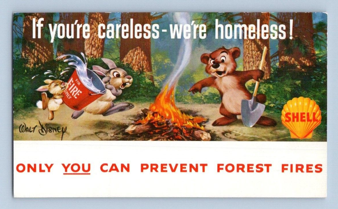 VINTAGE, WALT DISNEY, SHELL. PREVENT FOREST FIRES. POSTCARD. 1A38