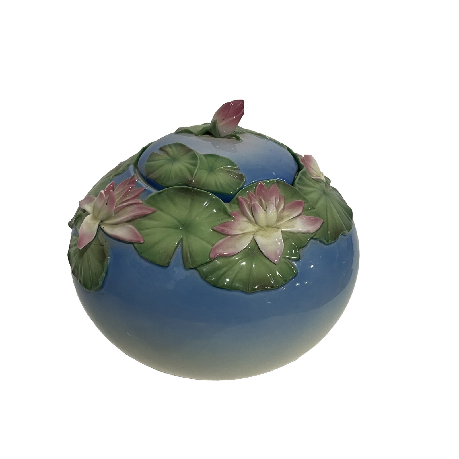 Franz Porcelain  Water Lily / Lilies Covered Biscuit Jar / Bowl With Lid