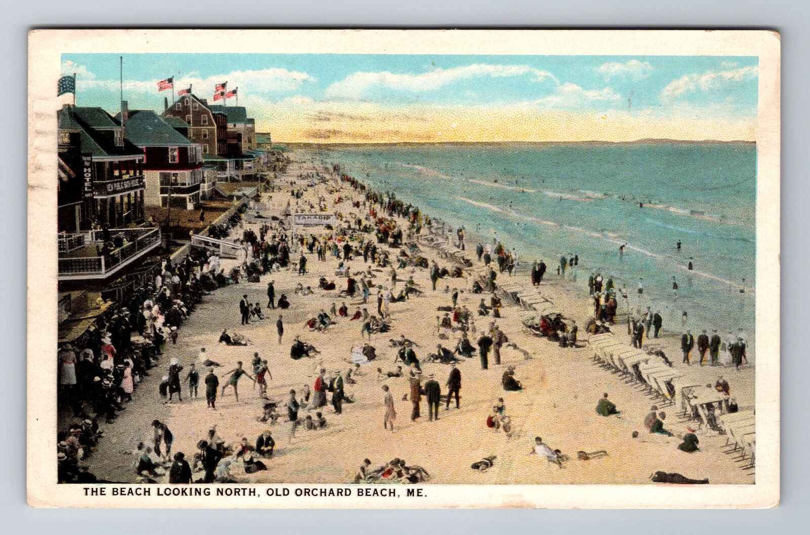 Old Orchard Beach ME-Maine, Crowded Beach Looking North, Vintage c1928 Postcard
