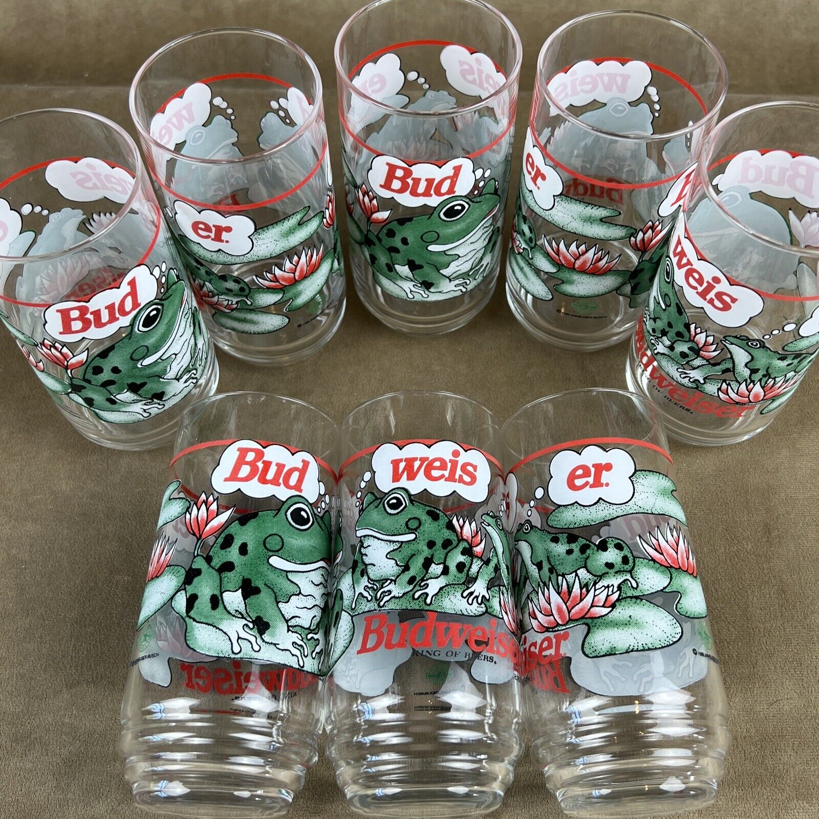 Vintage 1995 Bud-weis-er Budweiser Frog Super Bowl XXIX Ad 16oz Set of 8 Glasses