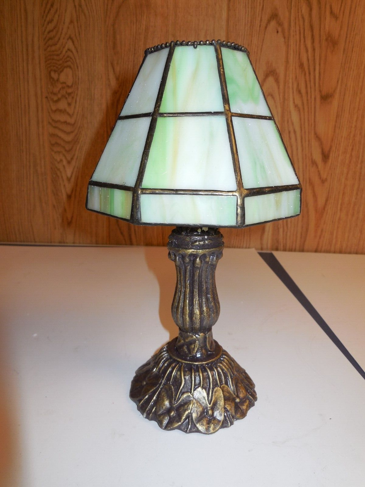 W3 Vtg Green Stained Glass Votive Candle Fairy Lamp 13\