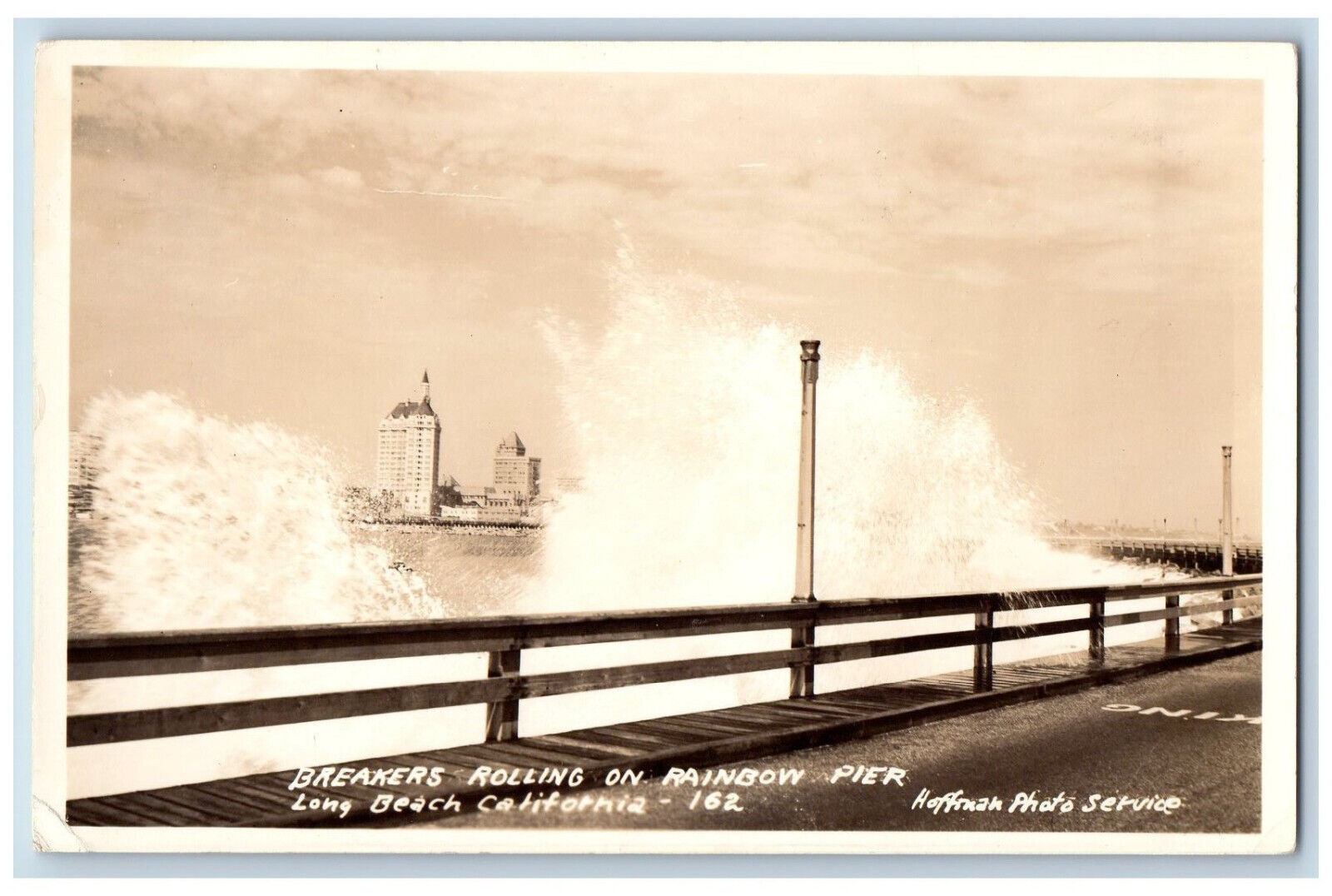 Long Beach CA Postcard Breakers Rolling on Rainbow Pier c1940\'s RPPC Photo