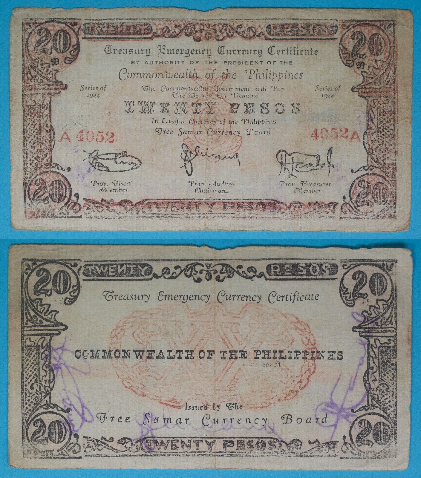 1944 Philippines ~ FREE SAMAR 20 Pesos ~ WWII Emergency Note ~ SMR-119