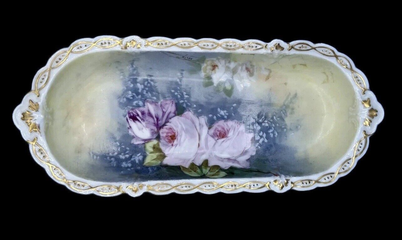 Antique Limoges Flambeau Gorgeous Roses Celery Plate