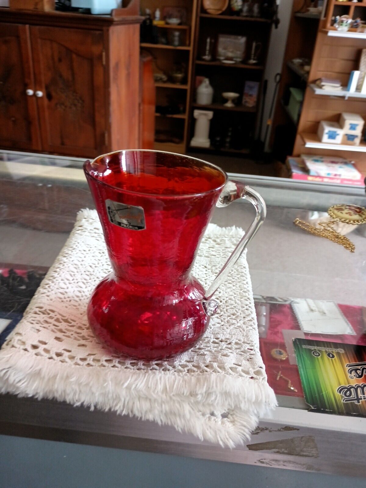  Red Pilgrim Cracked Glass Pitcher 5.25 Tall