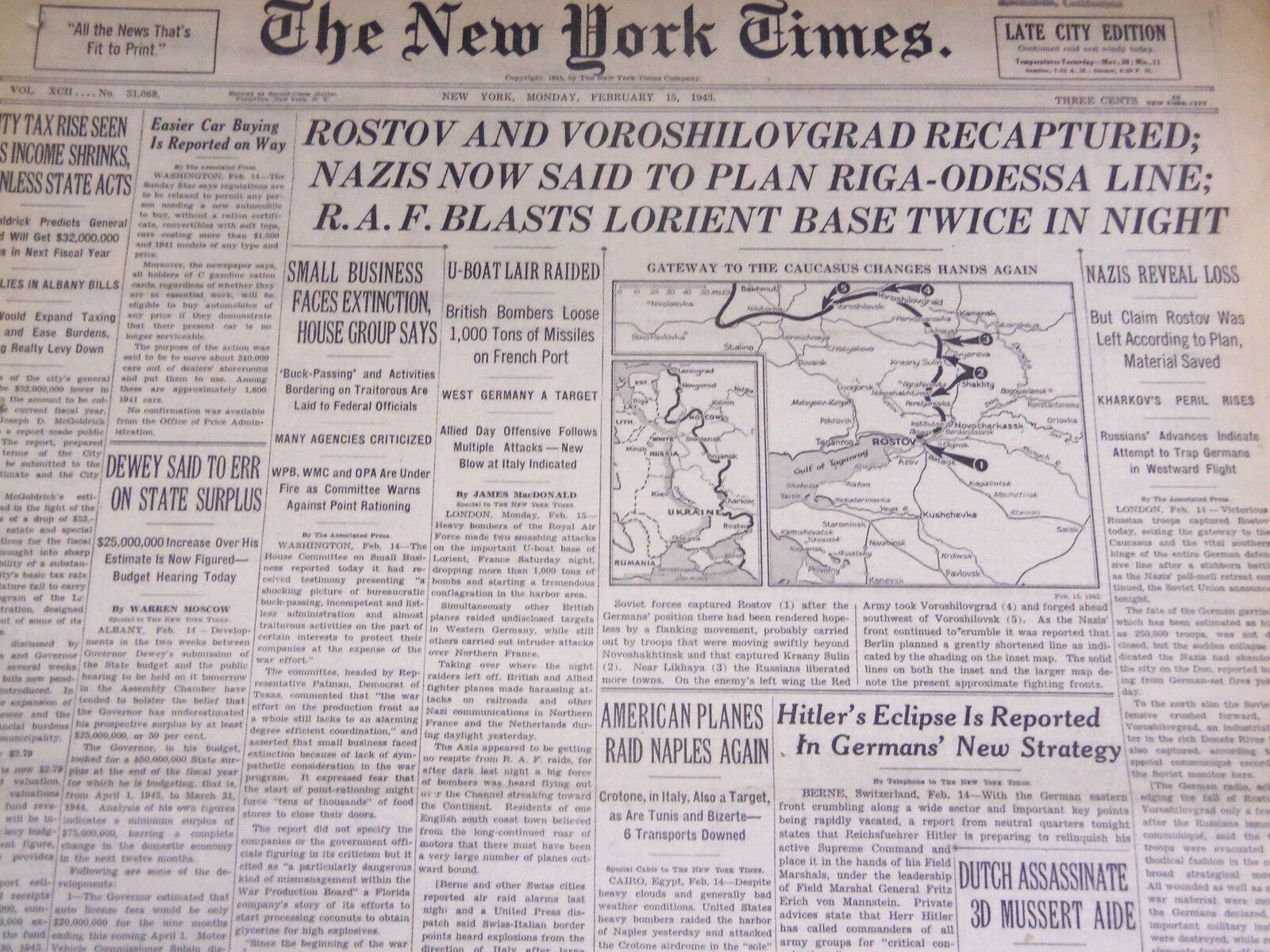1943 FEB 15 NEW YORK TIMES - ROSTOV & VOROSHILOVGRAD RECAPTURED - NT 1878