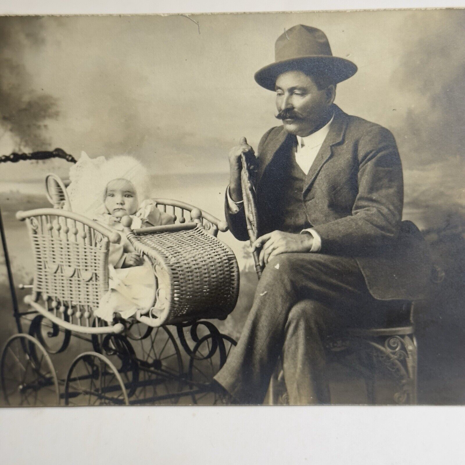 Antique Photo Post Card RPPC Silver Gelatin Photo Man w/baby Carriage Fur