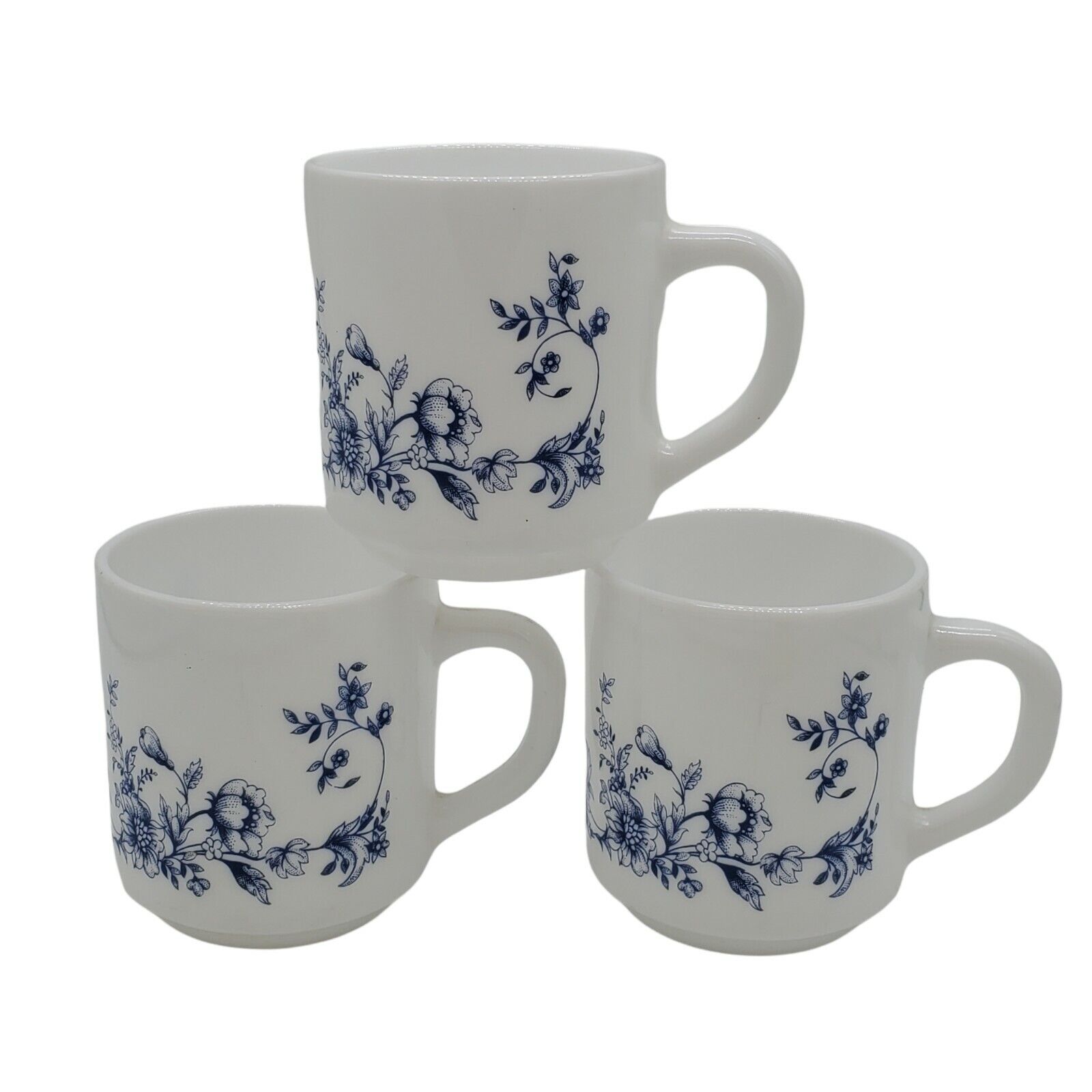 VTG Arcopal France Blue Floral Coffee Mug/Cup White Milk Glass Glenwood Set of 3