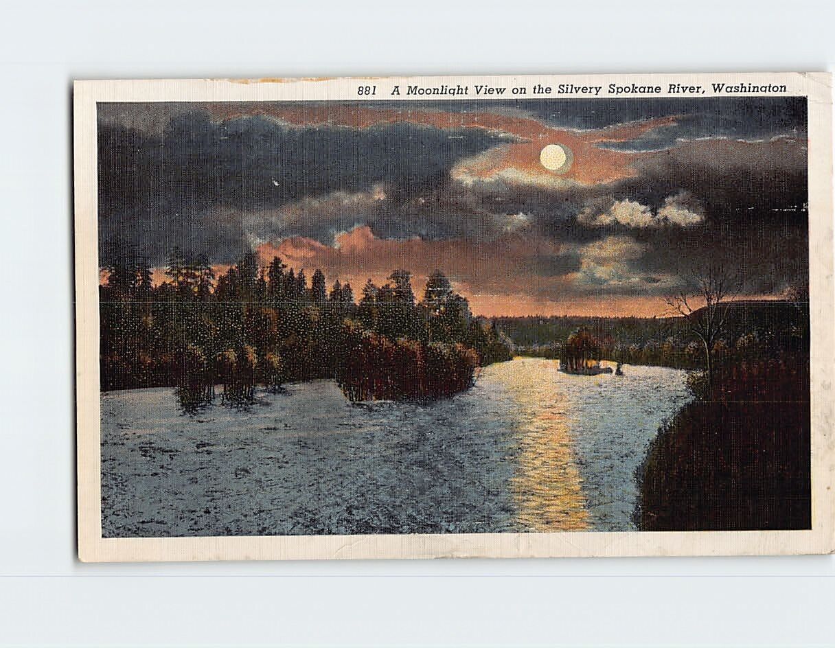 Postcard A Moonlight View of the Silvery Spokane River Washington USA