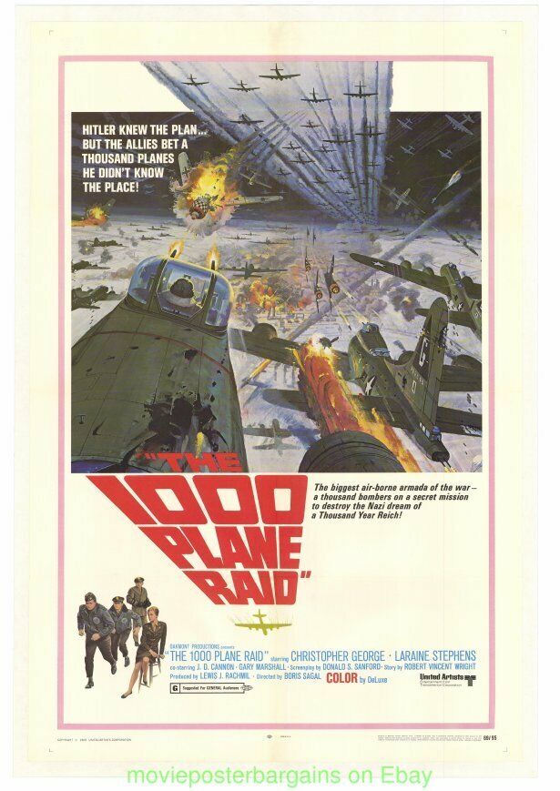 THE THOUSAND PLANE RAID MOVIE POSTER VF 27x41 On Linen WW II FIGHTERS & BOMBERS