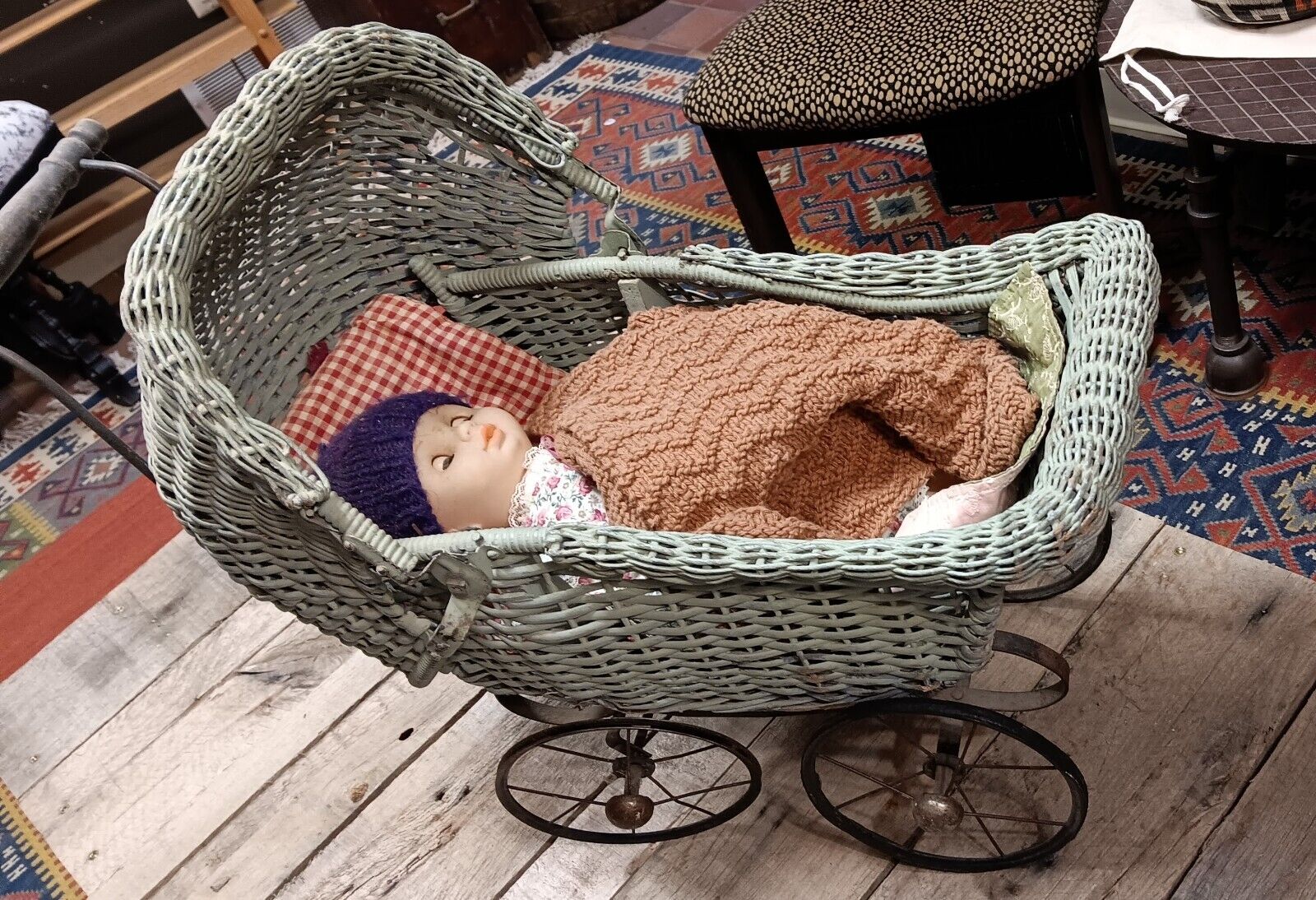 Antique Wicker Baby Doll Carriage with Doll