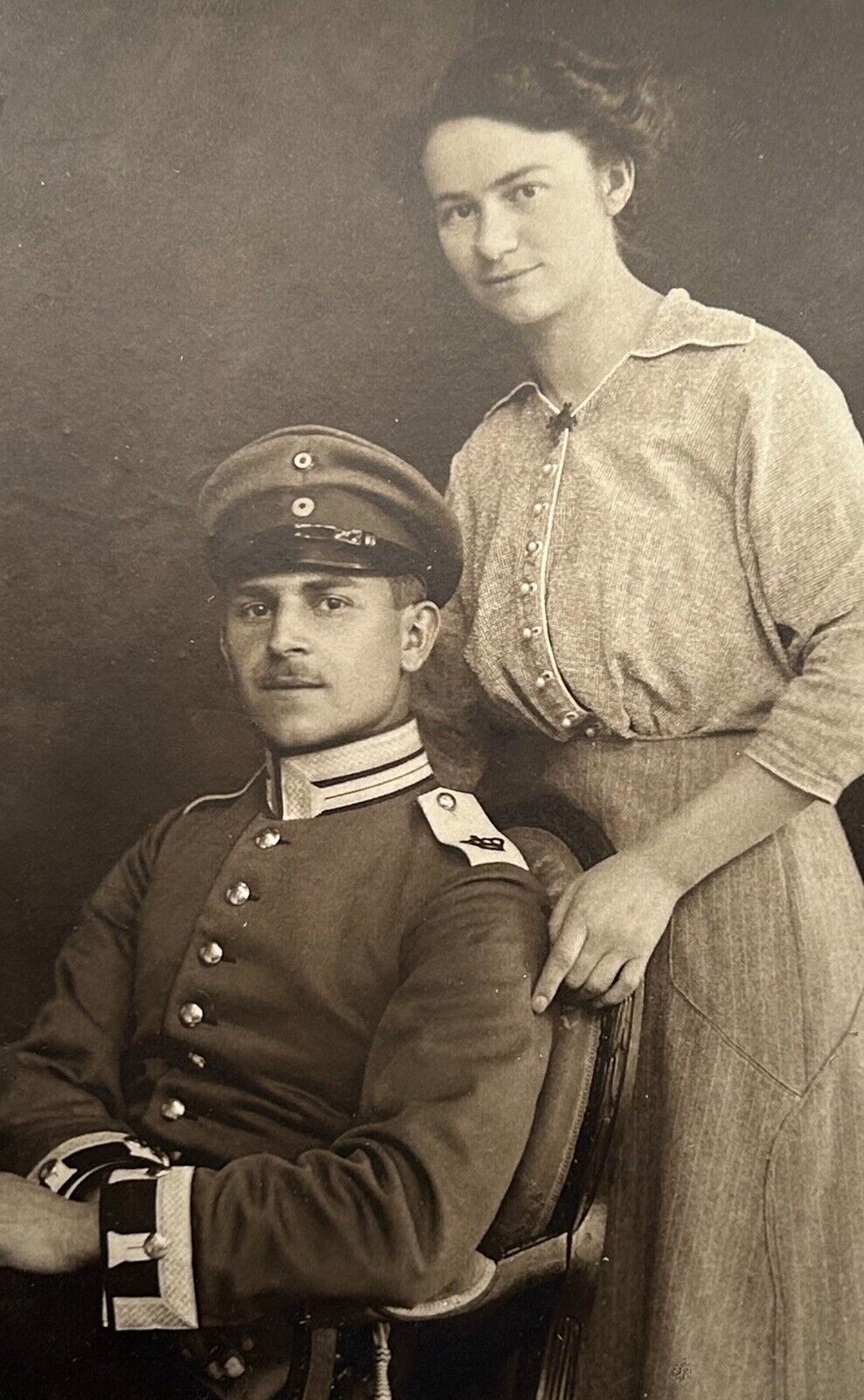 German WW1 Era Photo Soldier in Dress Uniform w/ Frau - Karlsruhe, BaWü Studio
