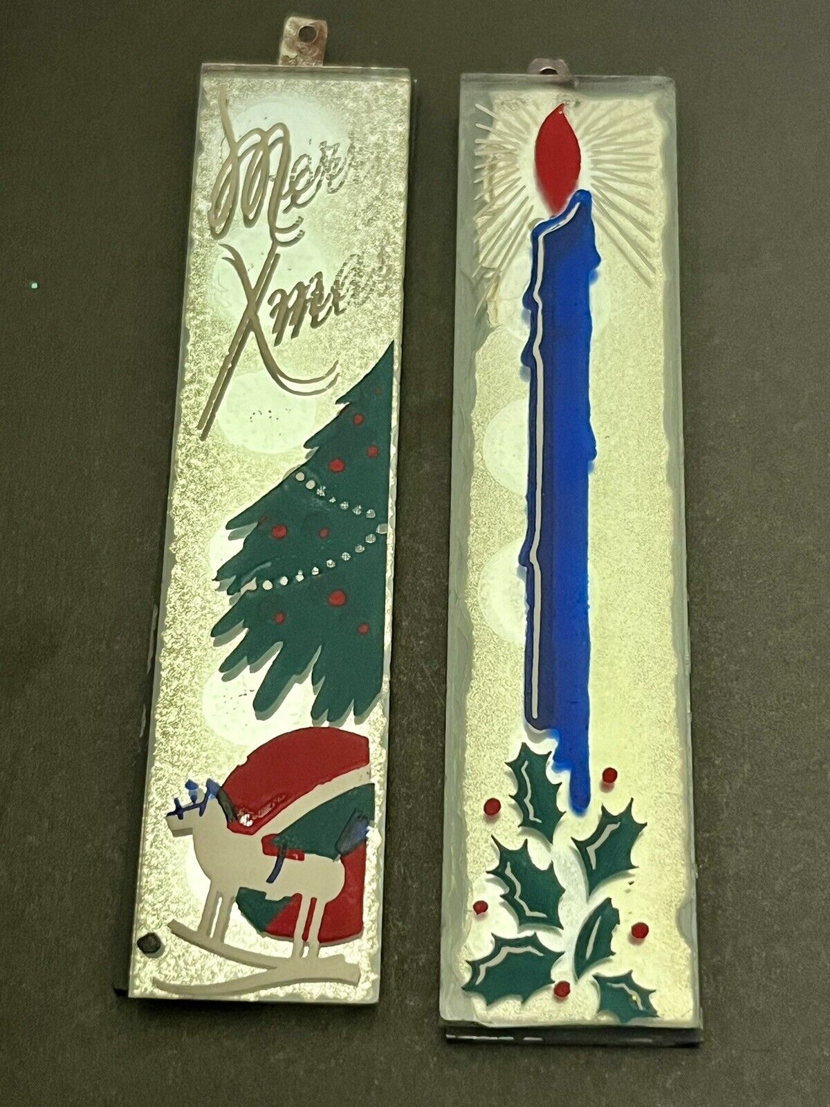 2 Vintage 1940’s Double Sided Mirrorette Christmas Ornaments By Dun-Lap