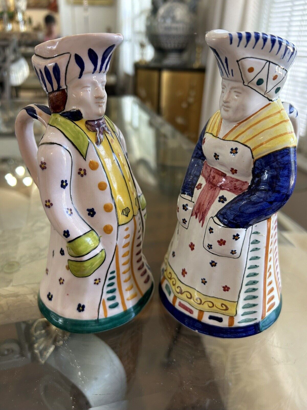 VINTAGE ITALIAN FAIENCE HAND-PAINTED FIGURAL PITCHERS-A PAIR FEMALE & MALE