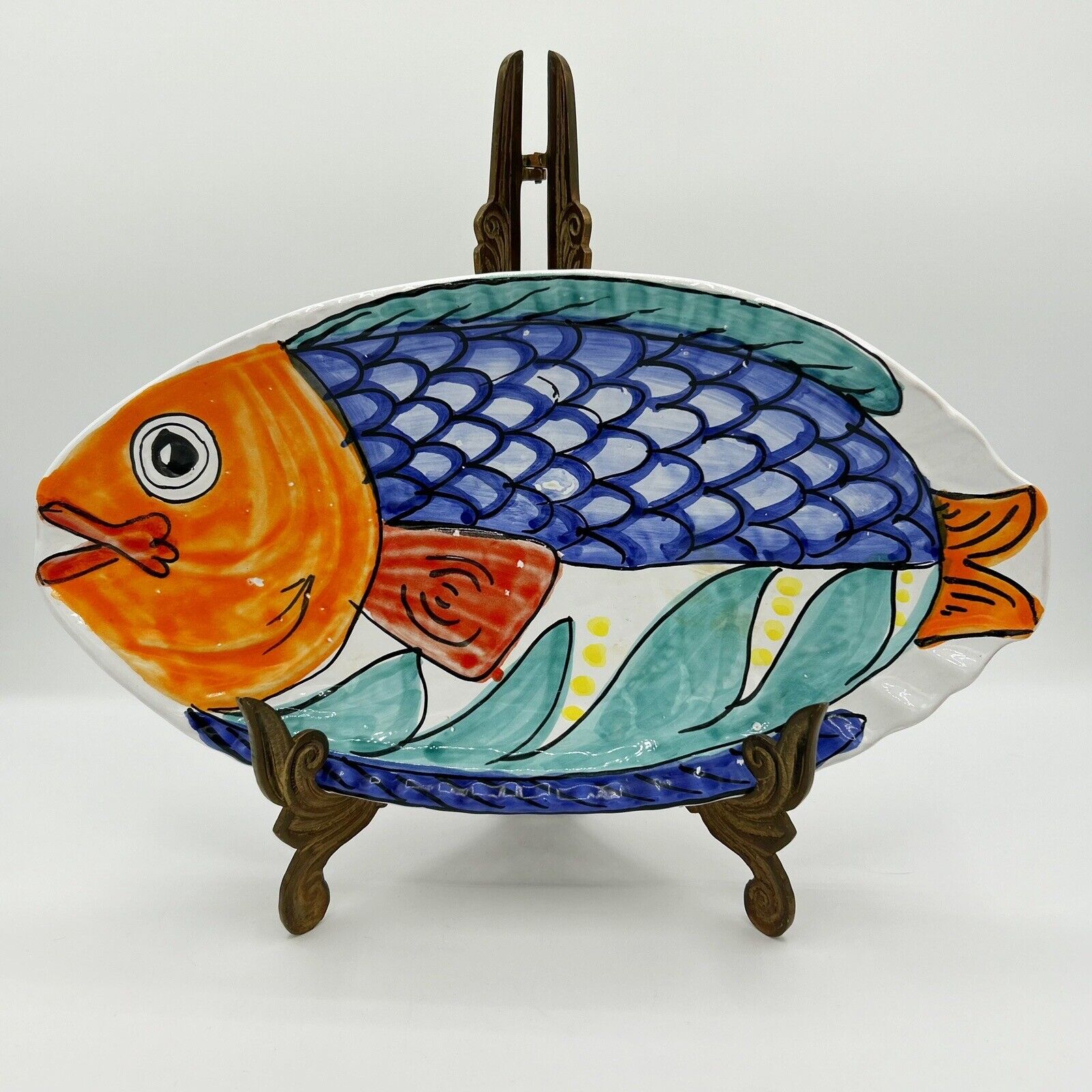 Art Pottery Fish Serving Platter Bright Vibrant Colors Hand Painted Red Clay