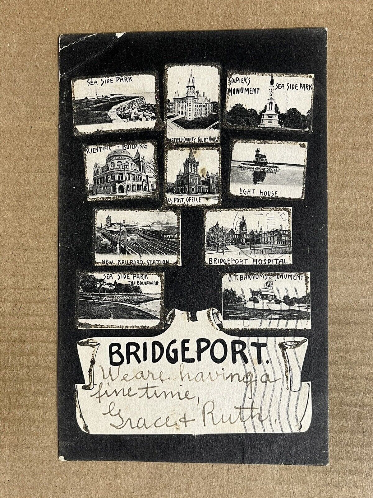 Postcard Bridgeport CT Railroad Station Lighthouse Greetings 1906 UDB Glitter