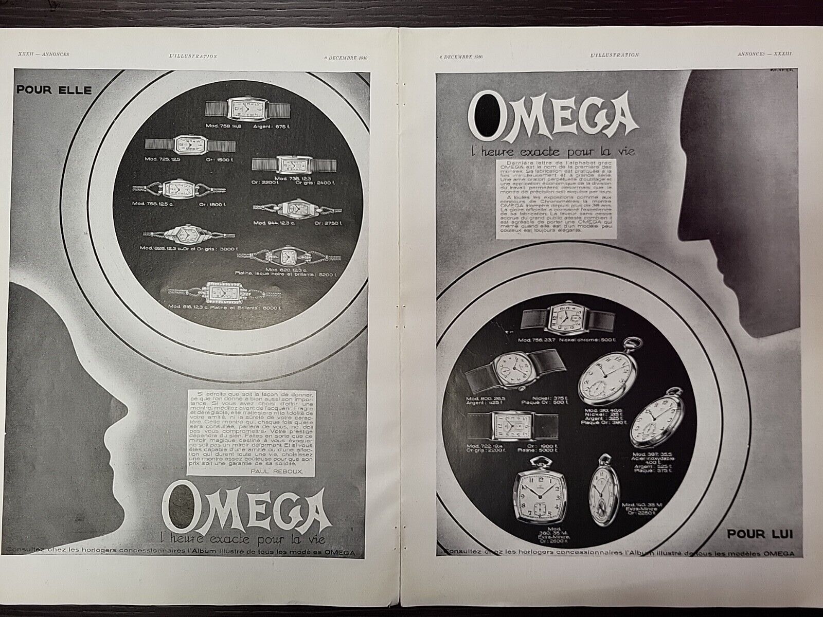 (2) Omega Watch 1930 L\'illustration Mag Print Advertising FRENCH His & Hers Dual